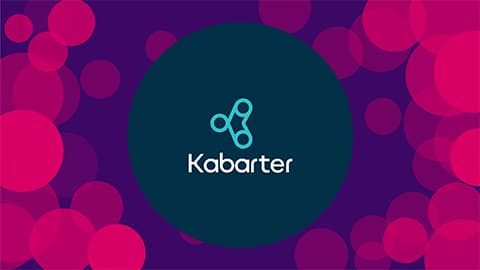 A purple background with pink circles on with the blue kabarter logo in the middle of the canvas.